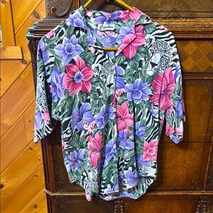Vintage Jungle Multicolored 3/4 Sleeve Boxy Button Down Top Small-Medium